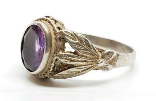 Vintage Signed 925 Sterling Silver Amethyst Glass Gemstone Floral Size 7.  5 Ring