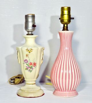 2 Vintage Small Ceramic Table Lamps,  Pink Ribbed & Ivory Floral W/ Gold Trim