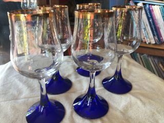 Vintage Bohemian Glass Water Wine Goblets Cobalt Blue Gold Gilt Set Of 5 Vintage