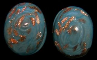 Vintage Glass Swirled Turquoise And Gold Clip On Oval Earrings Made In Italy 1 "