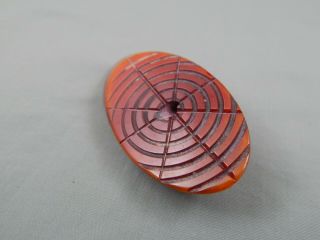 Vintage Mid Century Burnt Orange Carved Spider Web Bakelite Brooch Pin 3