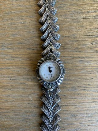 Vintage Sterling Silver Marcasite Wrist Watch Deco Link Bracelet 