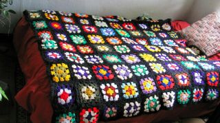 Vintage Handmade Crochet Granny Square Black Multi Color Afghan Blanket Throw