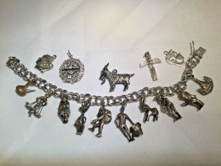 Vintage Sterling Silver Double Link Charm Bracelet With 15 Charms
