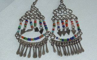 Vintage Silver Tone Multi Color Seed Bead Dangle Chandelier Pierced Earrings