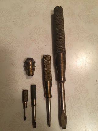 Vintage Frey Co York Usa Brass Handle 4 In 1 Nesting Slotted Screwdriver