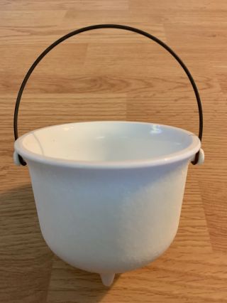 Vintage White Textured Milk Glass Footed Kettle Pot Cauldron With Metal Handle