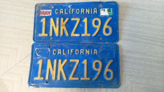 California Blue And Yellow License Plate Set 1nk Z196 Ca Vintage