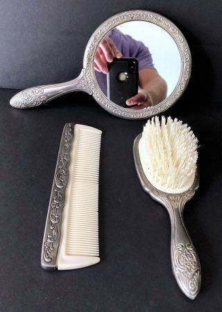 Vintage Silver Plated 3 Piece Comb,  Brush & Mirror Vanity Set Ornate