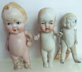 3 Antique Bisque Dolls / Figurines,  Chubby Baby & Girl 4 " To 5 " Made In Japan
