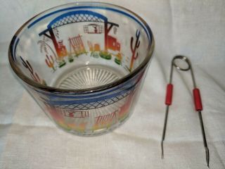 Vintage Mexican Cactus Graphics Glass Ice Bucket W/ Red Bakelite Tongs