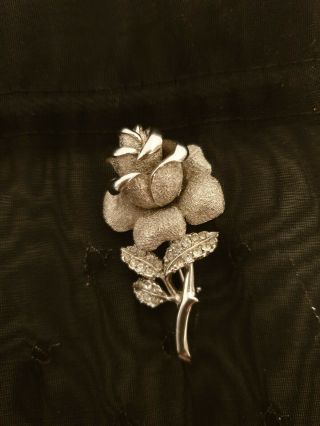 Vintage Brooch Signed Attwood Sawyer Silver Metal Crystal Pin Rose Flower