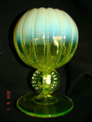 Northwood Vintage Vaseline Opalescent Art Glass 3 Stem Rose Bowl Pedestal Vase