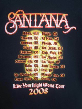 Vtg Carlos Santana T - Shirt Live Your Light Tour 2008 Black 100 Cotton Sz Xl