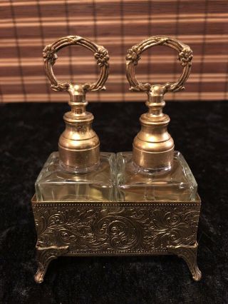 Vintage 24k Gold Plated Ormolu Perfume Bottle Double Set By Globe