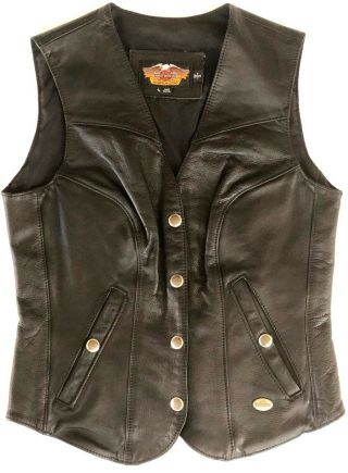 Vintage Harley Davidson Black Leather Made In Usa Snap Button Vest Women Size S