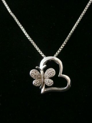 Cute Vintage Sterling Silver Butterfly Heart Pendant Necklace.  Make Offer 148