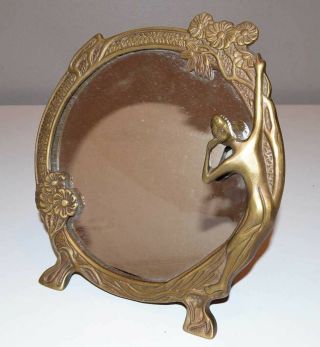 Vintage Bronze Tabletop Vanity Mirror Art Deco / Nouveau - Nude Lady By The Lake