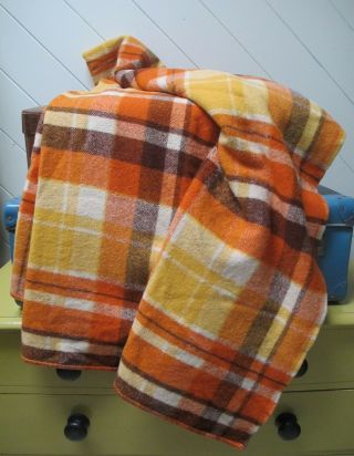 Blanket Check Pure Wool Orange Brown Autumn 70 