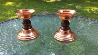 Vtg Coppercraft Guild Round Copper Candle Holder Center Wood Accent Set Of 2