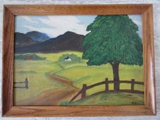 Old Vintage Primitive Oil On Board Painting Landscape Farm Scene Signed Logan
