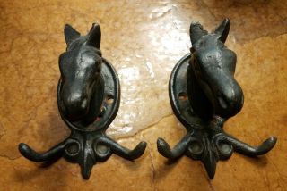 2 Vintage Western Horse Head Black Cast Iron Wall Double Hook For Towel Coat