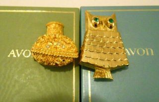 Avon Vintage Perfume Glace Pins - Flower Basket & Jewel Owl - Orig Boxes