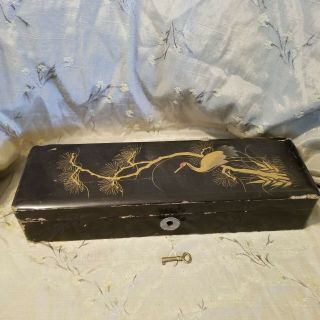 Vintage / Antique Lacquer Trunk Box /Tea Caddy With Lock & Key That Work 3