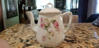 Vintage Antique Germany Embossed Porcelain Chocolate Coffee Tea Pot,  Pink Roses