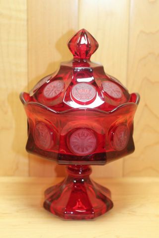 Vintage Fostoria Glass Ruby Red Coin Pattern - Candy Dish / Wedding Bowl Footed