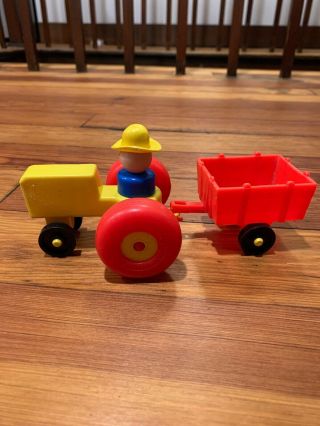 Vintage Fisher Price Little People Farm Tractor Vehicle And Trailer Red & Yellow