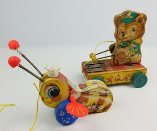 Pair Vintage Fisher Price Pull Toys Tiny Teddy & Queen Buzzy Bee 1960 