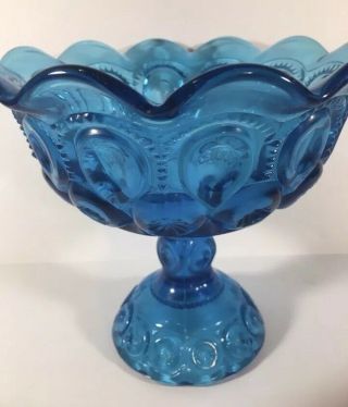 Vintage LE Smith Blue Moon and Stars Glass Compote Candy Fruit Pedestal Dish 7” 2