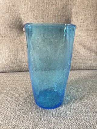 Vintage Mcm Blenko Glass Electric Blue Crackle Vase Hand Blown Studio Glass 10”
