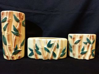 Set Of 3 Royal Copley Ceramic Bamboo Vase Planters Vintage 3.  75 " 4.  5 " 8 " Yellow