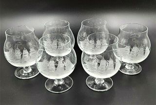 Toscany Crystal Brandy Snifter Glasses Nautical Etched Clipper Ship Vtg Set Of 6