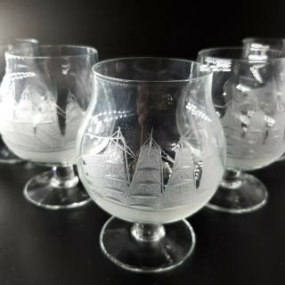 Toscany Crystal Brandy Snifter Glasses Nautical Etched Clipper Ship Vtg Set of 6 2