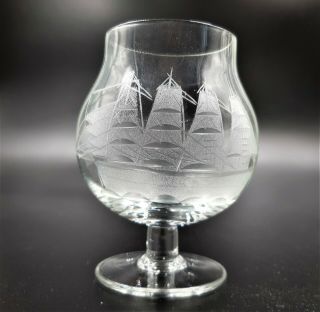 Toscany Crystal Brandy Snifter Glasses Nautical Etched Clipper Ship Vtg Set of 6 3
