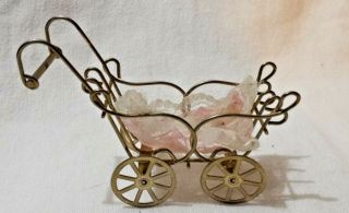 Vintage Brass Miniature Dollhouse Baby Carriage Stroller & Pink Lacy Blanket
