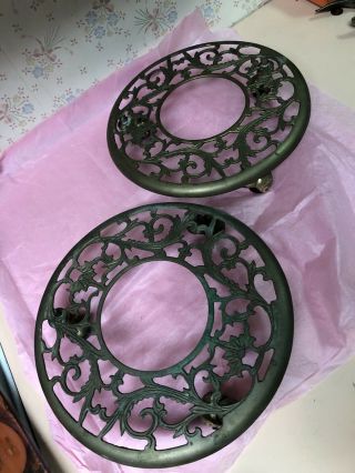 Vintage Mid Century Ornate Gold Brass Planter Pot Plant Stand Roller Caddy X2
