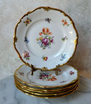 Vtg Set 6 Reichenbach Porcelain Dessert Plates Gold And Flowers East Germany Gdr