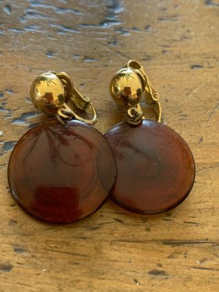 Vintage Crown Trifari Gold Tone Faux Amber Drop Dangle Clip - On Earrings