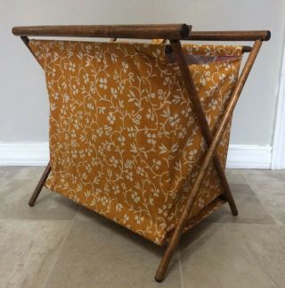 Vintage Fabric Yarn Knitting Crocheting Sewing Basket Caddy Wood Folding Frame 2