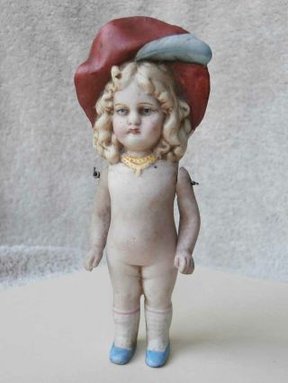 Rare Molded Hat Antique German Looking All Bisque Doll Wire Jointed Arms 5 "