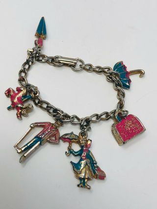 Vintage 1964 Mary Poppins Disney Enamel & Gold Tone Charm Bracelet