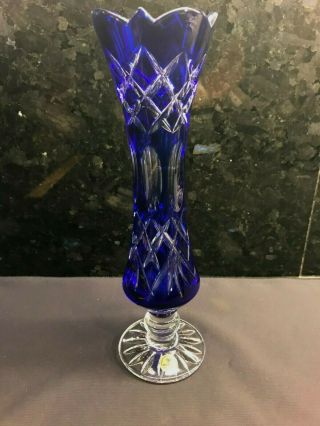 Vintage Czech Bohemian Cobalt Blue Cut To Clear Heavy Lead Crystal Vase