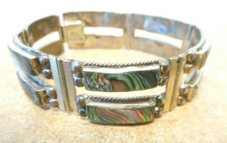 Vintage Mexico Sterling Silver & Abalone Inlay Panel Link Bracelet 7 - 1/2 "