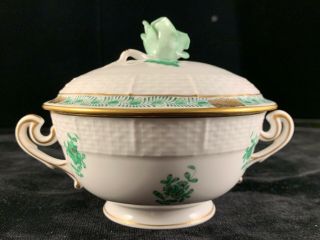 Vintage Herend Porcelain Bowl With Lid Green Floral Print