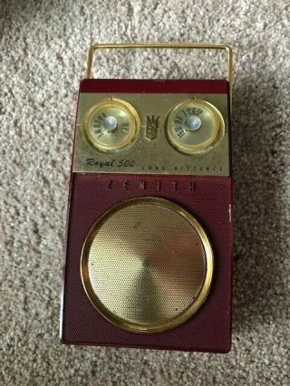 Vintage Zenith Royal 500 Transistor Radio Long Distance Owl Eyes Burgundy