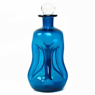 Vintage Kastrup Jacob Bang Kluk Kluk Blue Pinched Glass Decanter Bottle W/ Label